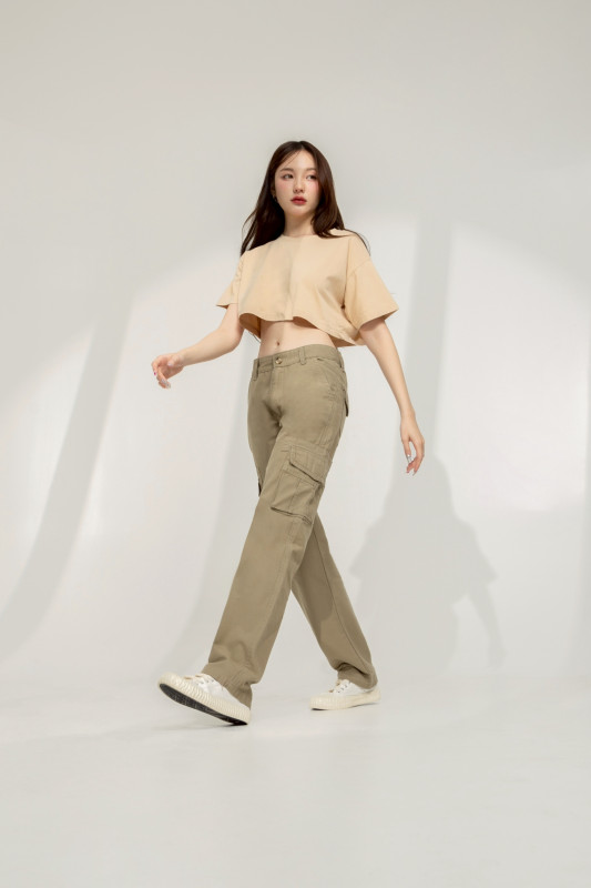 HIWARI JEANS รุ่น H9 ทรงกระบอก คาร์โก้ ผ้าสี เอวกลาง